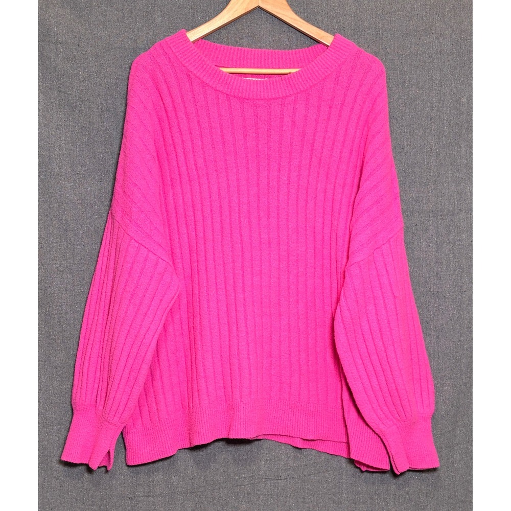 Aerie Women XL Neon Pink Ribbed Knit Oversized Crewneck Sweater Slouchy Pullover